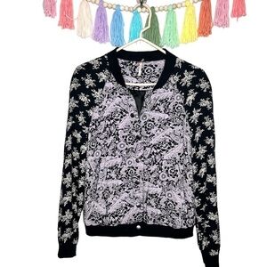 Free People Black and Purple Floral Snap Button Long Sleeve Bomber Jacket Small